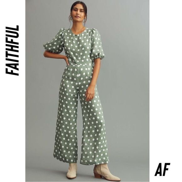 FAITHFUL DARIEN DOT LINEN JUMPSUIT IN EMELDA SLATE - Picture 1 of 12